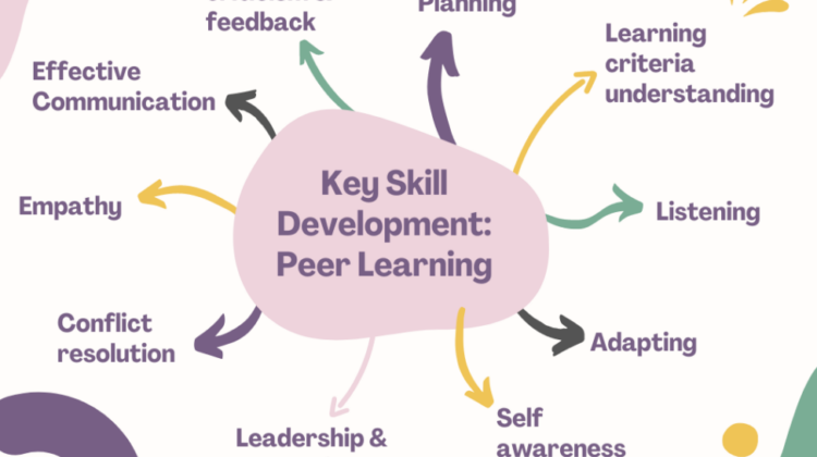 Graphic depicting key skill development in peer learning. Planning, learning criteria understanding, listening, adapting, self awareness, leadership and delegating, conflict resolution, empathy, effective communication, constructive criticism and feedback.