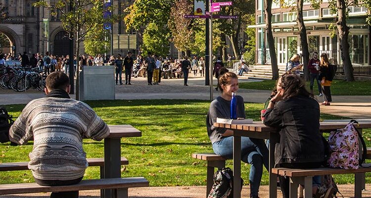 A image showing benches and grass outside the University with many students engaged in a typical day at the University