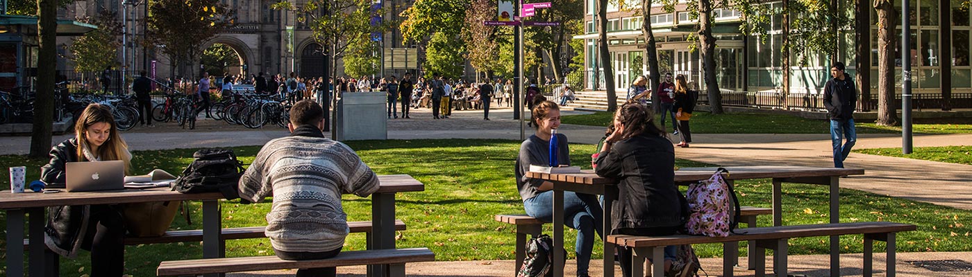 A image showing benches and grass outside the University with many students engaged in a typical day at the University